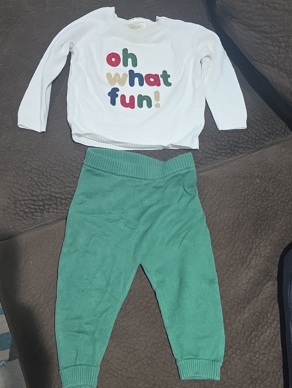 First Impressions Christmas Oh What Fun White Sweater & Green Knit Pants